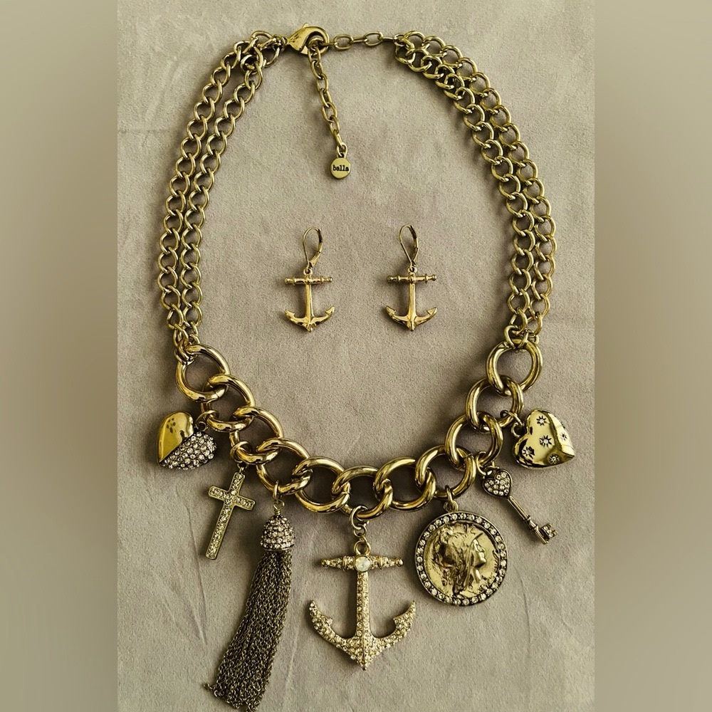 Bella & Jack Gold Jeweled Charm Double Strand Necklace & Earring Set.